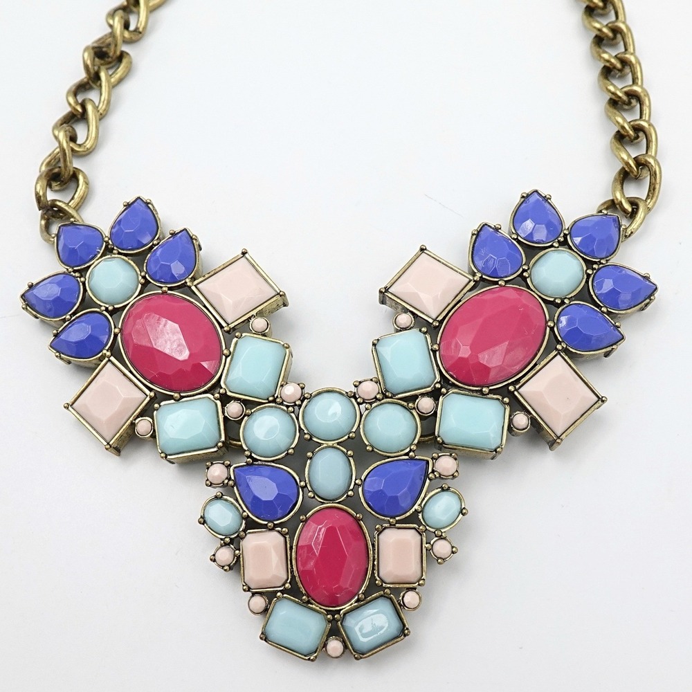 Vintage Avon NRQ Statement Bib Necklace Color Block Lucite Pink‎ Blue